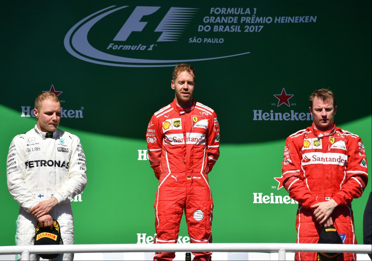 Así quedó el pódio en Brasil con Vettel primero, Bottas segundo y Raikkonen tercero.