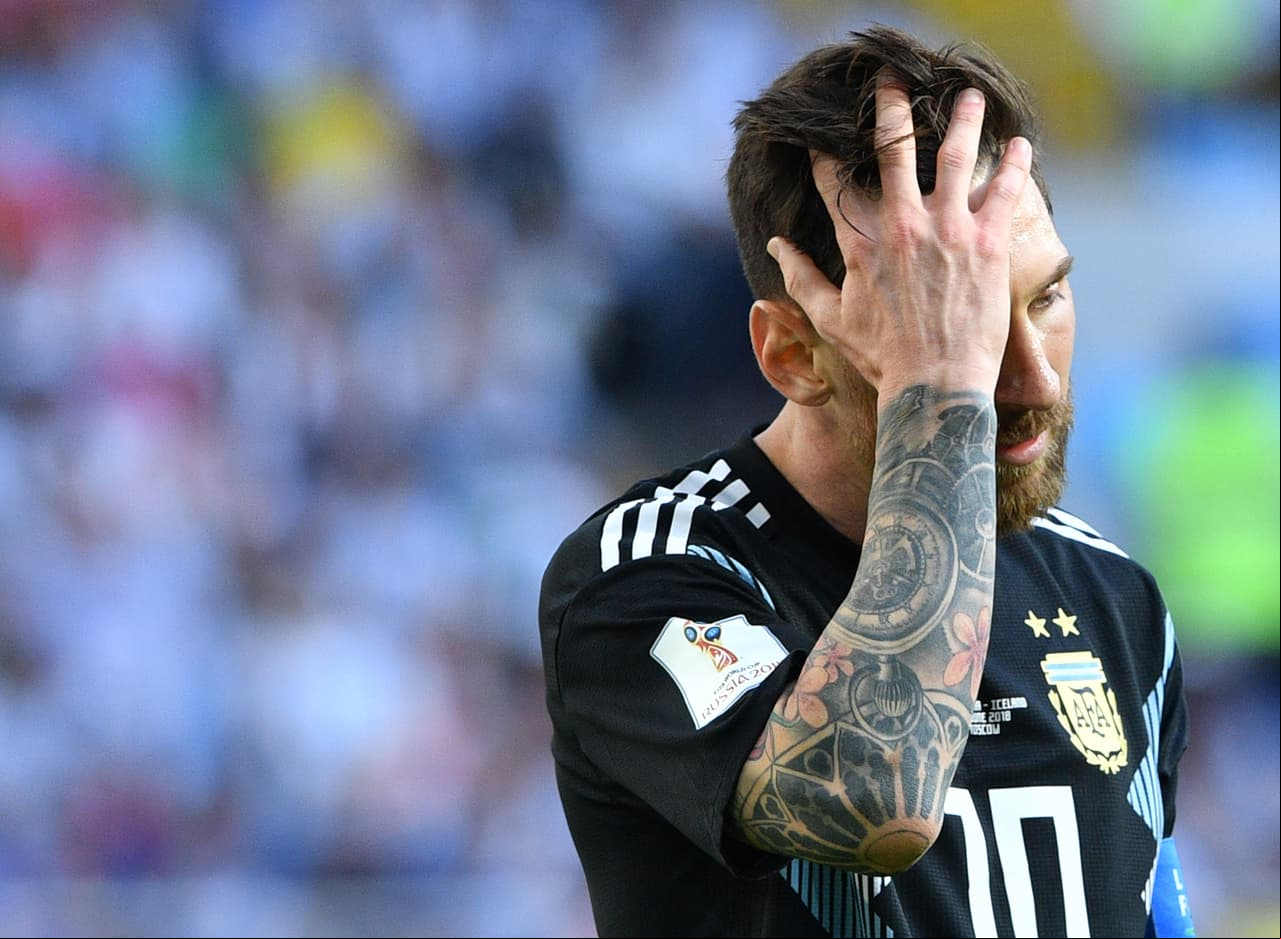 Argentina's forward Lionel Messi reacts at the end of the Russia 2018 World Cup Group D football match between Argentina and Iceland at the Spartak Stadium in Moscow on June 16, 2018. (Photo by Mladen ANTONOV / AFP) / RESTRICTED TO EDITORIAL USE - NO MOBILE PUSH ALERTS/S (Photo credit should read MLADEN ANTONOV/AFP/Getty Images)