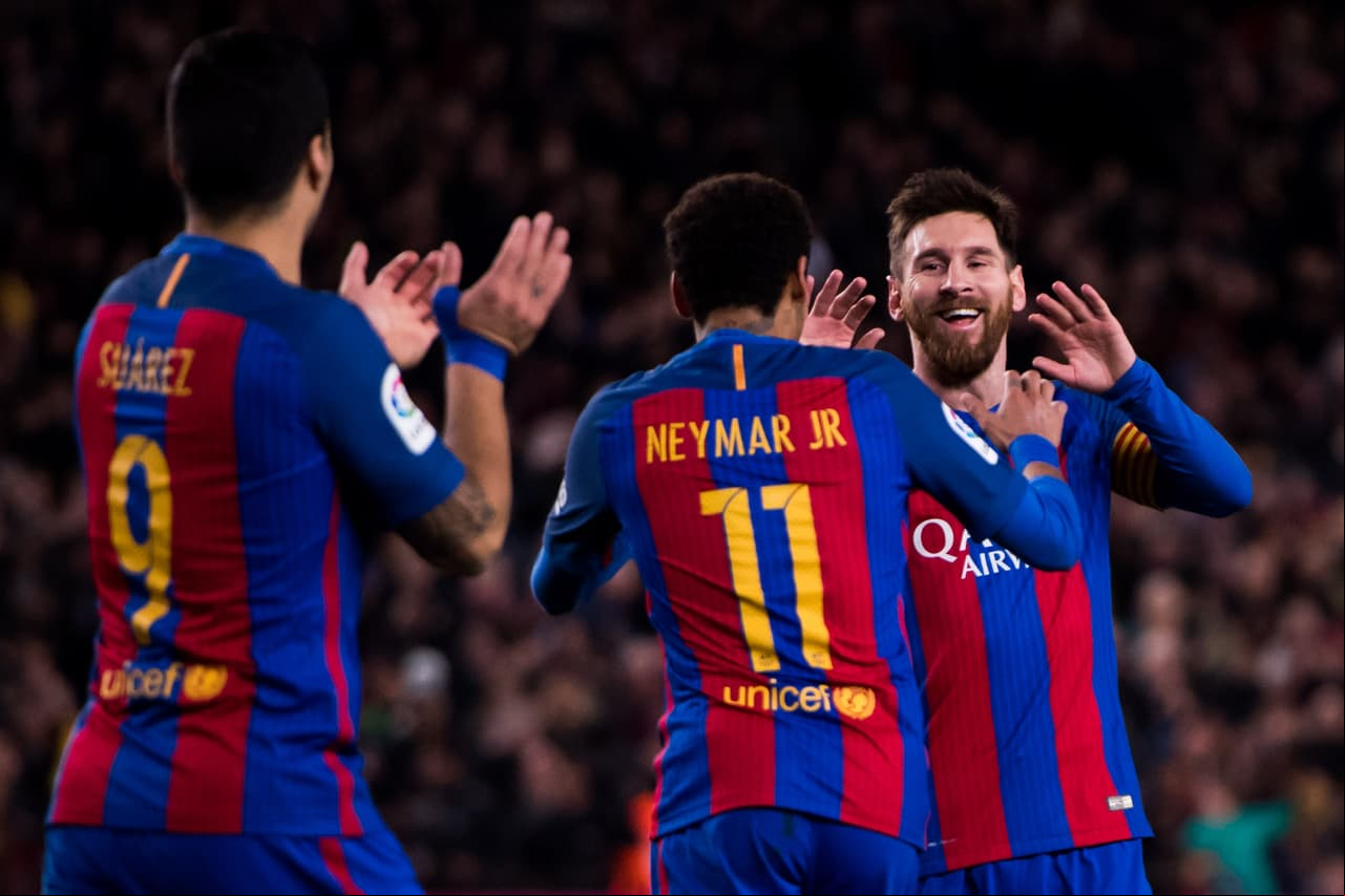 La 'MSN' - Lionel Messi, Luis Suárez y Neymar llevan 55 goles en los 28 partidos que lleva La Liga de España.